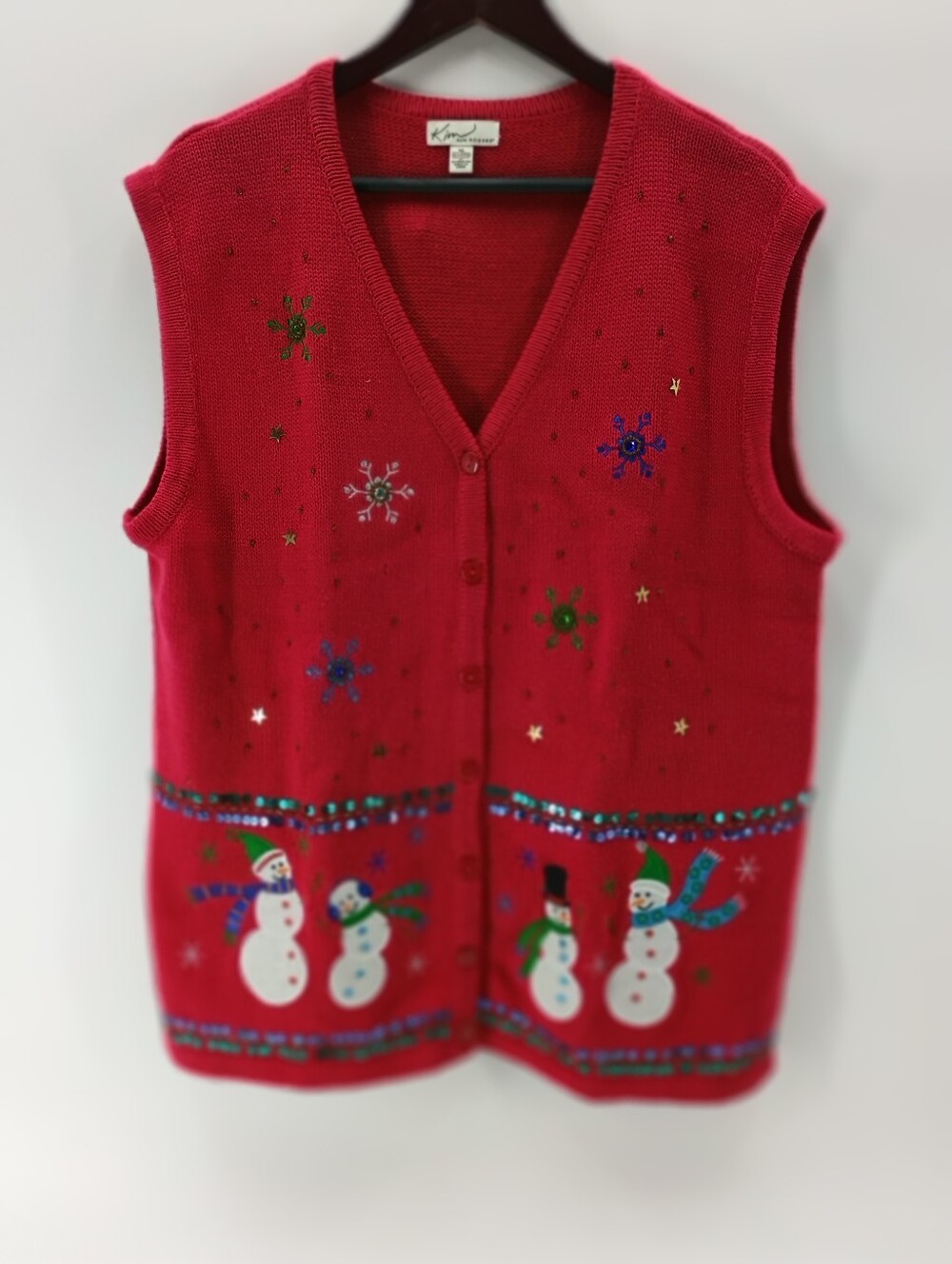 Kim Rogers XL Red V-neck Button Front Cotton/Rayon Christmas Sweater Vest